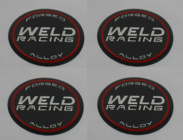4 - WELD RACING FORGED ALLOY EMBLEM STICKER 50MM DIA FOR WHEEL RIM CENTER CAPS
