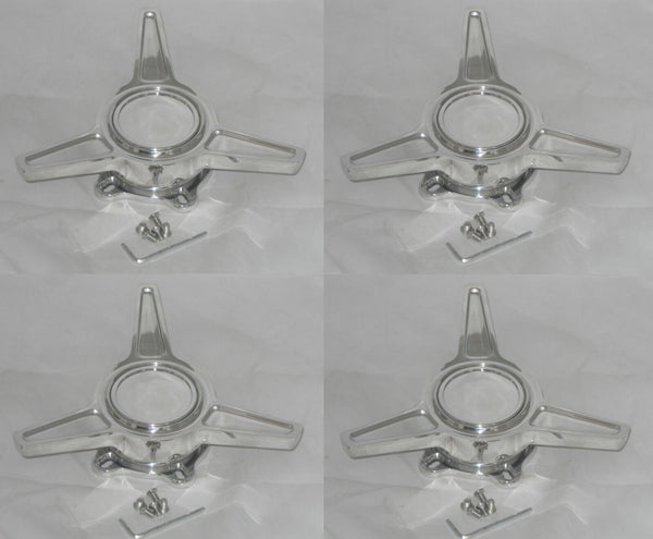 4 POLISHED ALUMINUM SPINNER TRIBAR KNOCKOFF WHEEL RIM CENTER CAP 5 DOG EAR BASE